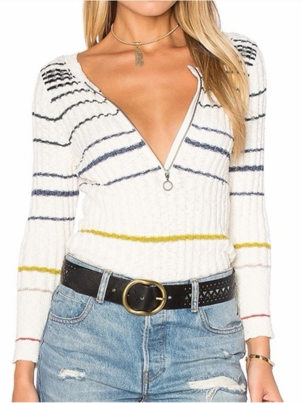 Free People Ivory Striped Rib-Knit 1/2 Zip Round Neck Pullover Sweater XS
